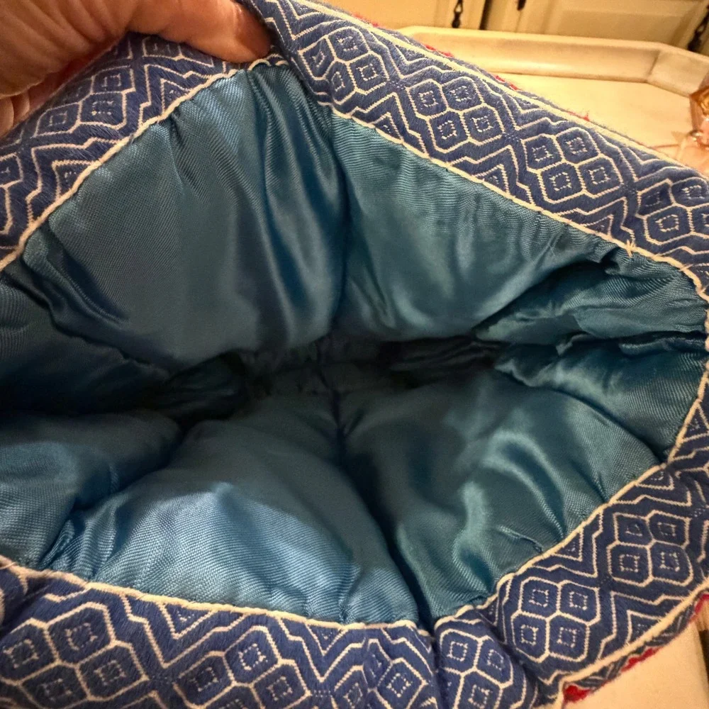 Vintage Tea Cozy Folk Art Woven Red Blue Woven Padded Teapot Cover